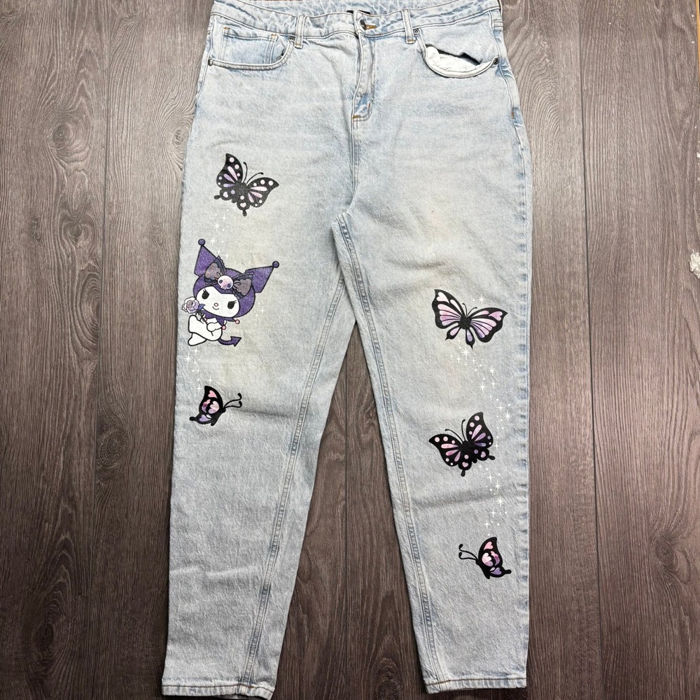 Sanrio Kuromi Butterfly Light Wash Wide Leg 34 Jeans Size 17 Blue Denim Kawaii